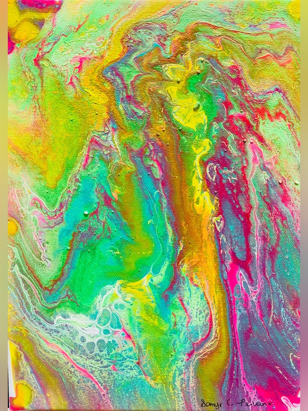 Rainbow marble - Abstract Green & Pink Fluid Art Canvas Print - handmade